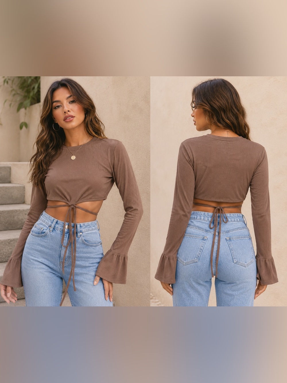 Ducie Women's Crochet-Tie Ribbed Crop Y2K  Brown Top. Size M